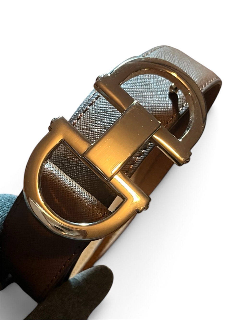 ALDO Brown Leather Belt with Oversized Gold Buckle – Medium